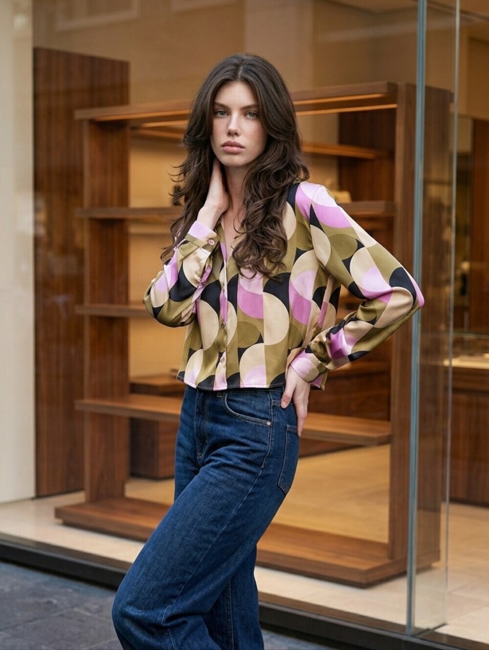 House of Harlow 1960 Satin Cropped Geometric Print Blouse Sz